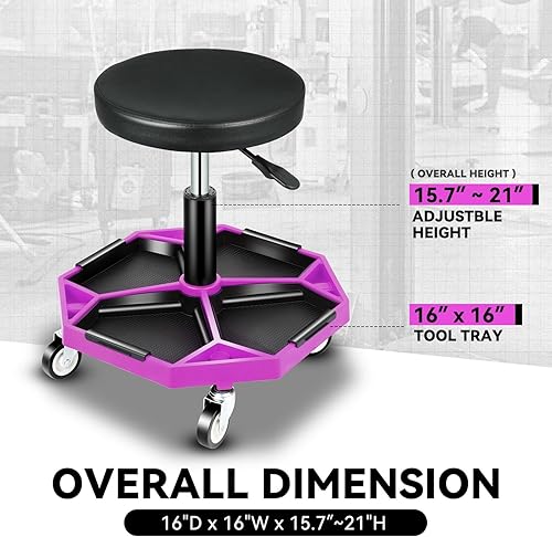 Miniatura 28 de Auto Dynasty Taburete mecánico, asiento de garaje neumático ajustable con bandeja de herramientas, asiento de rodillo de 300 libras para reparación