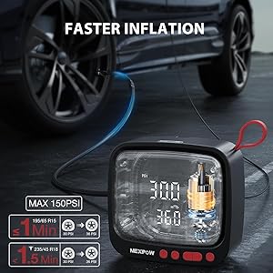 NEXPOW Tire Inflator Portable Air Compressor 150PSI 12V DC Air Pump with Dual Digital Pressure Gauge & Auto Shut-Off, Air Compressor Portable with LED Light for Car, Motorcycle, Bicycle, Ball and More