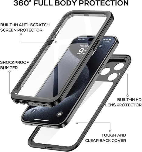 Miniatura 2 de Comboproof Funda impermeable para iPhone 15 Pro Max, resistente al agua a prueba de golpes IP68 de cuerpo completo, protector de pantalla integrado,