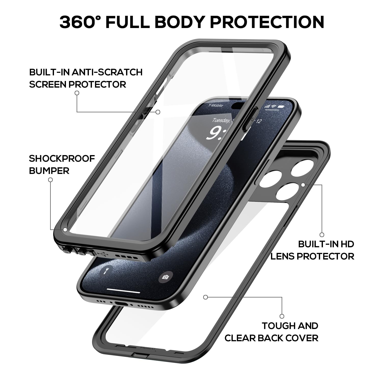 Funda impermeable para 15 Pro Max, resistente al agua a prueba de golpes IP68 de cuerpo completo, protector de pantalla integrado, duradero bajo el agua para 15 Pro Max cubierta