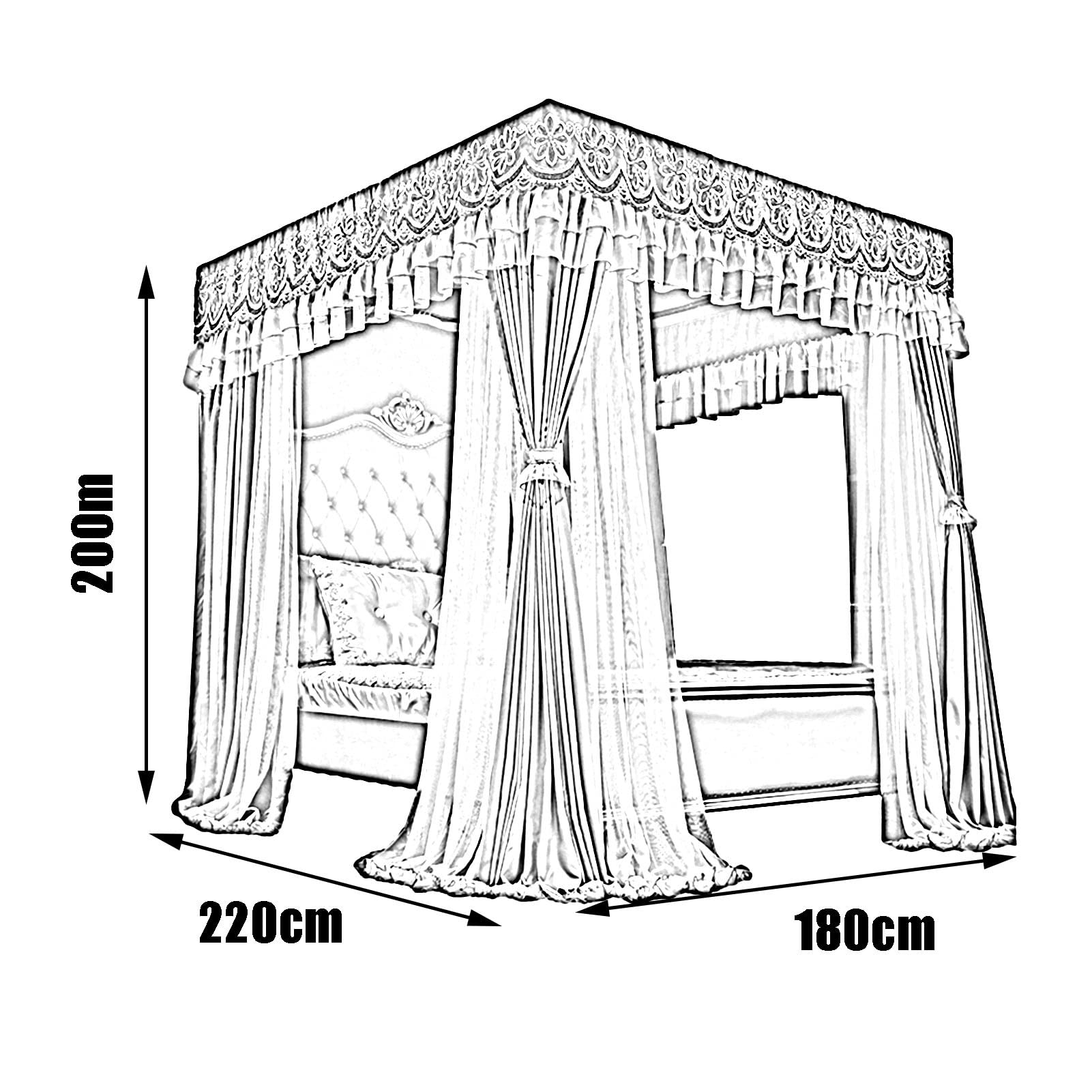 Luxuriöses Moskitonetz mit Himmel für Bett, Schlafzimmerdekoration, Prinzessinnen-Bettvorhang, 4 Stangen (Größe: 180 x 220 x 200 cm)