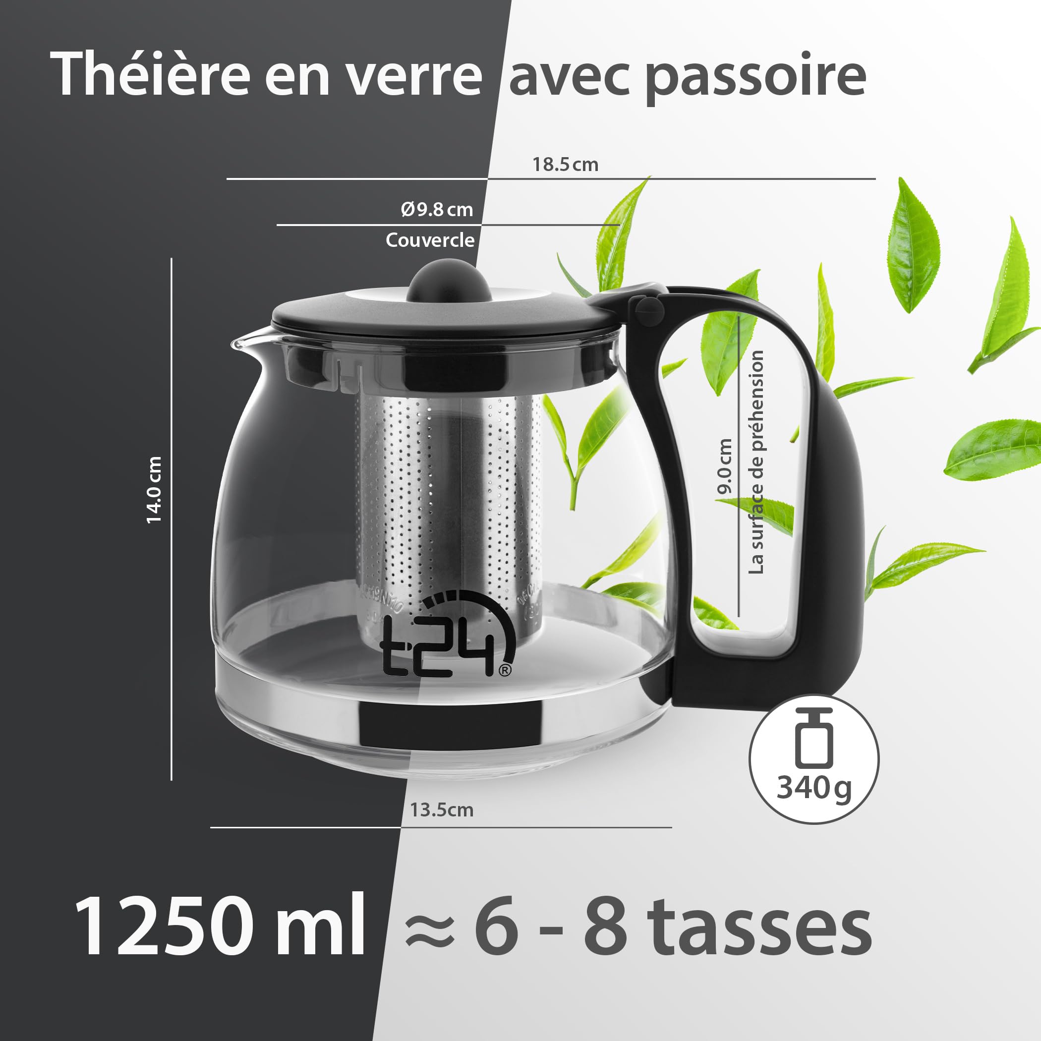 T24 Glass Teapot with Strainer Attachment, Heat-Resistant, Removable Stainless Steel Filter Strainer - Image 2