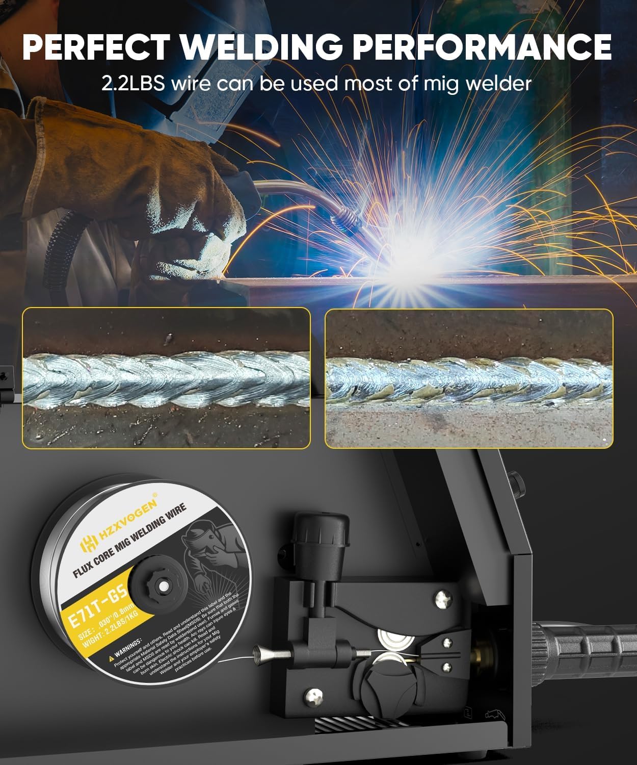 H HZXVOGEN fil fourré sans gaz 0.8mm 3kg, flux E71T-GS, fil de soudage sans gaz, lot de 3 pour équipement de soudage MIG | E71T-GS Fil de soudage à noyau de flux .030, faible éclaboussure
