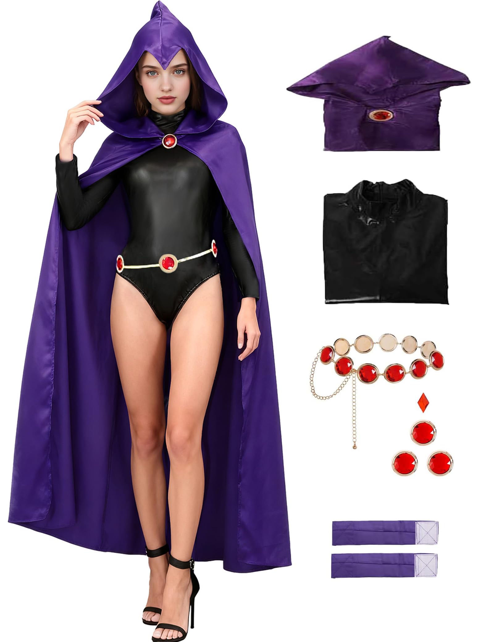 Makoike Raven Costume Women Anime Purple Hooded Cloak Jumpsuit with Jeweled Belt Carnival Halloween Costume Cosplay Props