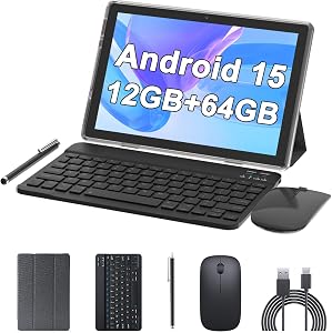 ATOZEE 10 Inch Tablet Android 15 Tablets 2 in 1 Tablet with Keyboard 12GB RAM+64GB ROM(Supports 1TB Expansion) Tableta 2MP+8MP Camera 6000mAh Battery Mouse/Case/Stylus 5G WiFi-6 10.1" Android Tablets