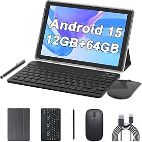 ATOZEE Tablet de 10 polegadas Android 15 tablets 2 em 1 com teclado, 12 GB de RAM + 64 GB de ROM (suporta expansão de 1 TB) Tableta 2 MP + câmera de 8 MP 6000 mAh, mouse/capa/Stylus 5G WiFi-6 tablets