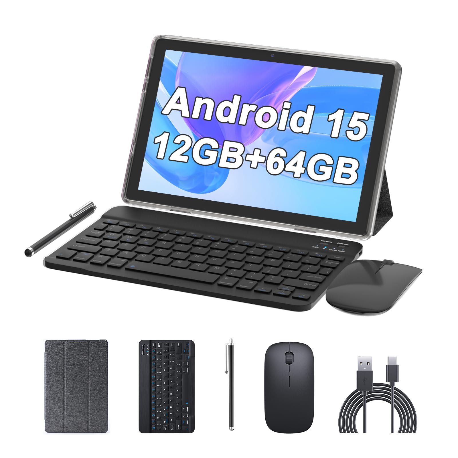 10 Inch Tablet Android 15 Tablets 2025, 2-in-1 Tablet with Keyboard 12GB RAM + 64GB ROM, 1280x800, Tablets 2MP + 8MP 6000mAh Battery, Includes Keyboard/Mouse/Case/Stylus Pen/Bluetooth 5G Wifi-6-image-19