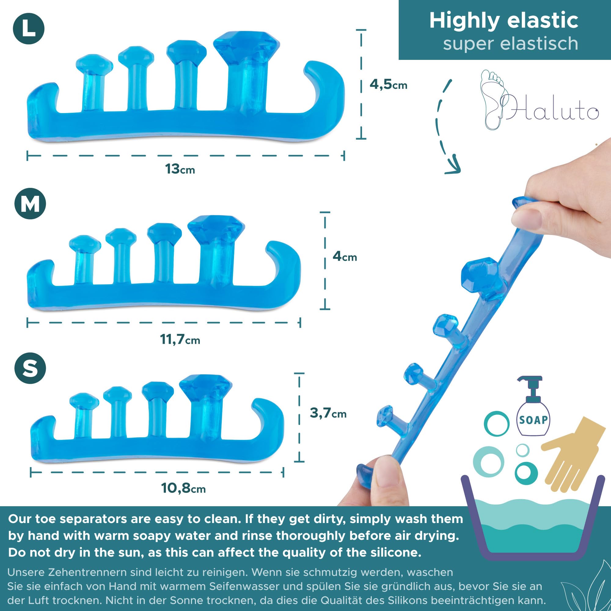 HALUTO separator palców - separator na haluksa i do pedicure - wielokrotnego użytku - korekcja palucha koślawego - separator palców silikonowy dla kobiet, mężczyzn - 3 rozmiary