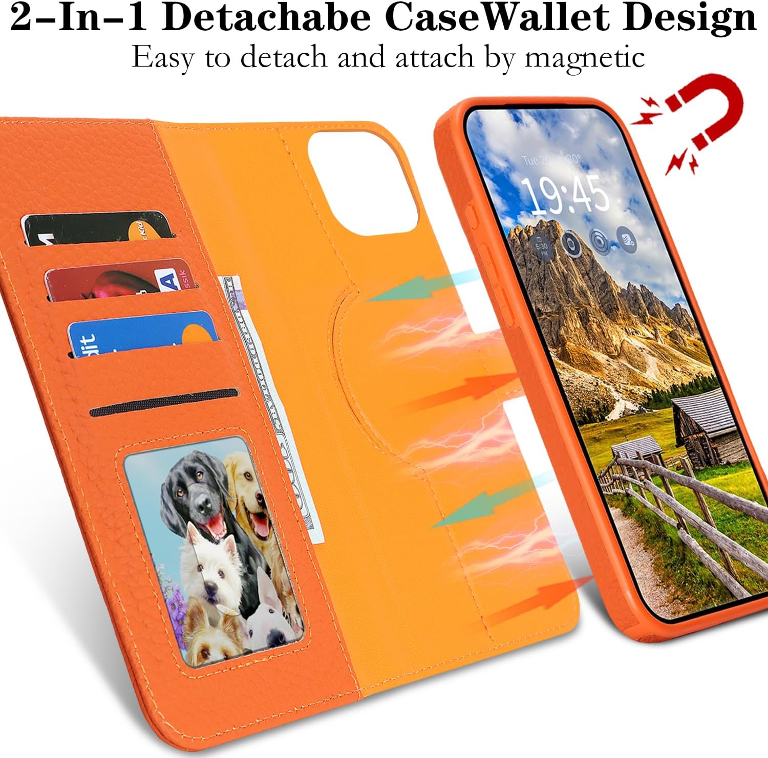 Detachable Genuine Leather Case for iPhone 13/14 Wallet Case Magnetic 2in1 Removable Flip Cover Support Magsafe Charging Stand Function Card Holder Shockproof Protective Cover-Orange