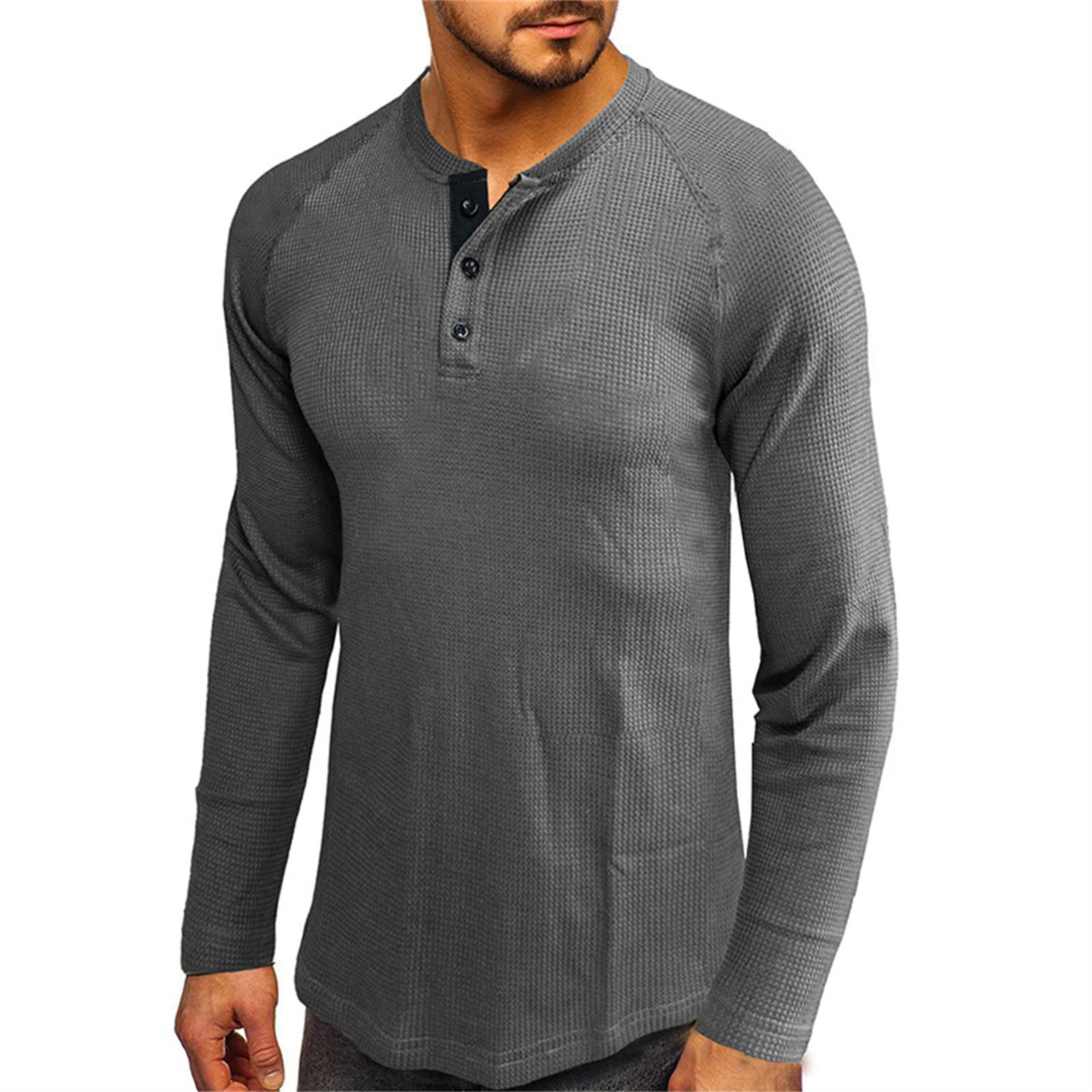 Men's Henley Shirt Long Sleeve Waffle Thermal Underwear Henley Top Casual Slim Fit Lightweight 3 Button T Shirts (Grey 2,Large)