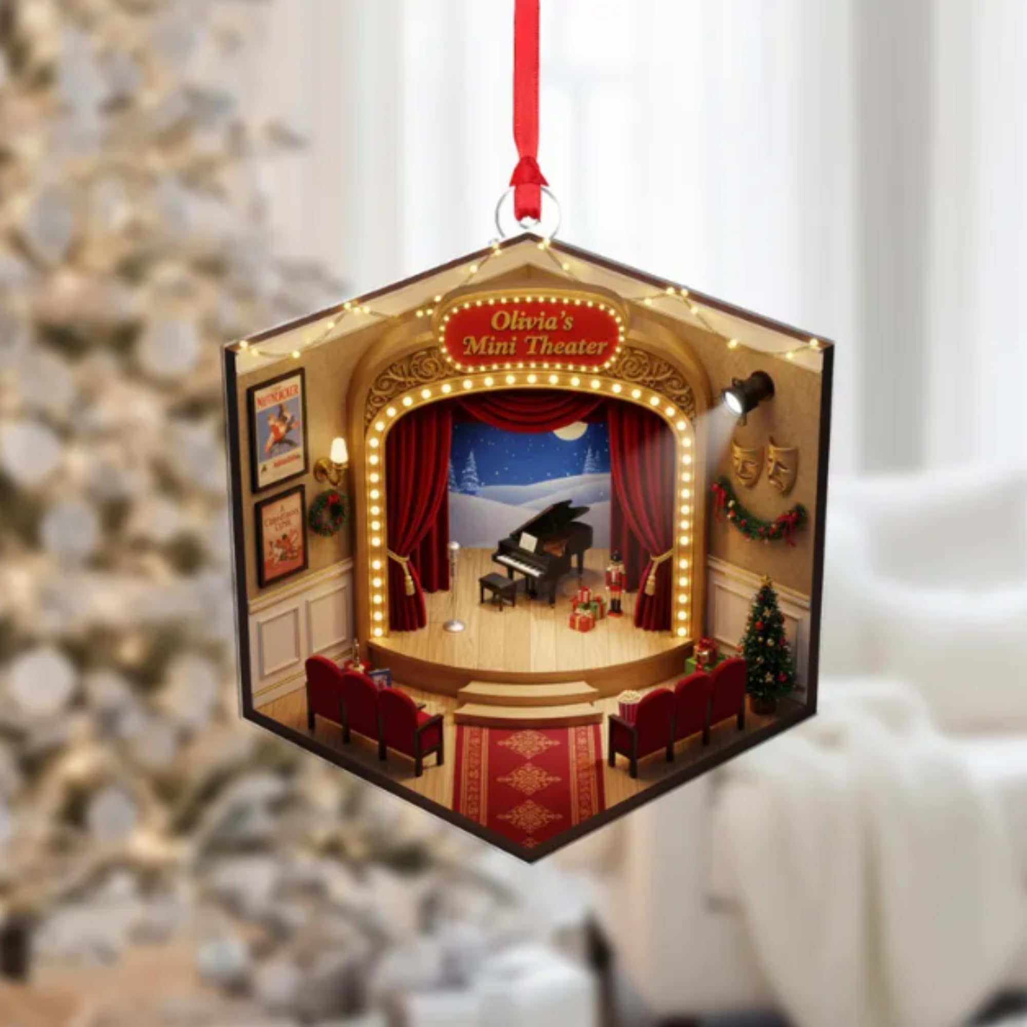 Personalized Theater Performance Christmas Ornament, Musical Play Stage Acrylic 2D Flat Ornament, Custom Drama Stage Ornaments for Actor, Actress, Comedy Tragedy Mask Ornaments (Theater 4)