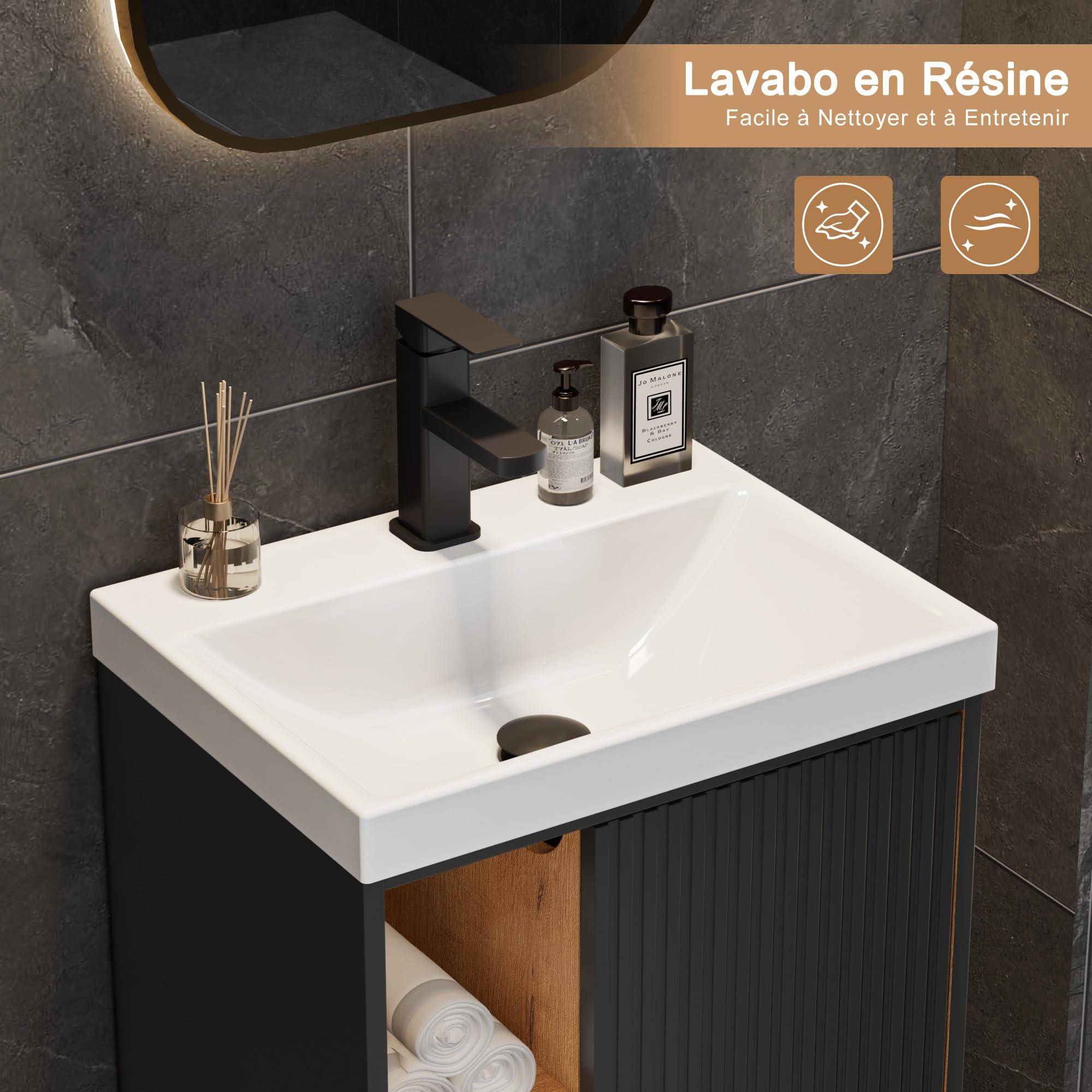 UEV Meuble Lave-Mains Suspendu avec Lavabo en Résine - Meuble de Salle de Bain Mural Gain de Place - Design Moderne à Lignes Verticales et Poignées Métalliques - Rangement Caché, 50x38x55cm, Noir