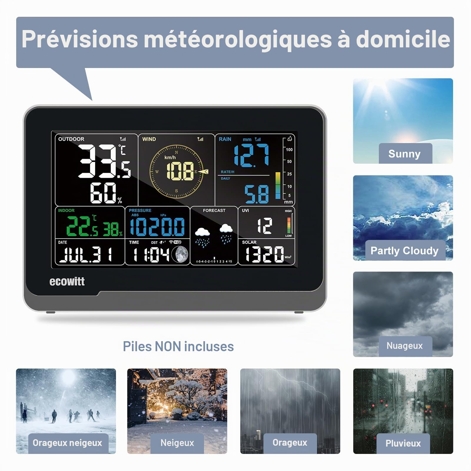 ECOWITT 3-in-1 WS3900_C Console d'intérieur LCD couleur, écran 7.5 pouces Capteurs de température, d'humidité et de pression barométrique intégrés, assistance météo pour WS90/WS85/WS69/WS80