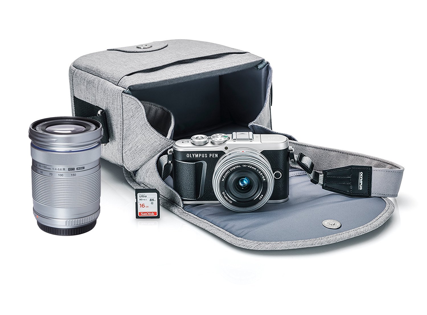 Olympus PEN E-PL9 kit with 14-42mm EZ Lens, Olympus M. 40-150mm F4.0-5.6 R Zoom Lens Camera Bag, and Memory Card, Black