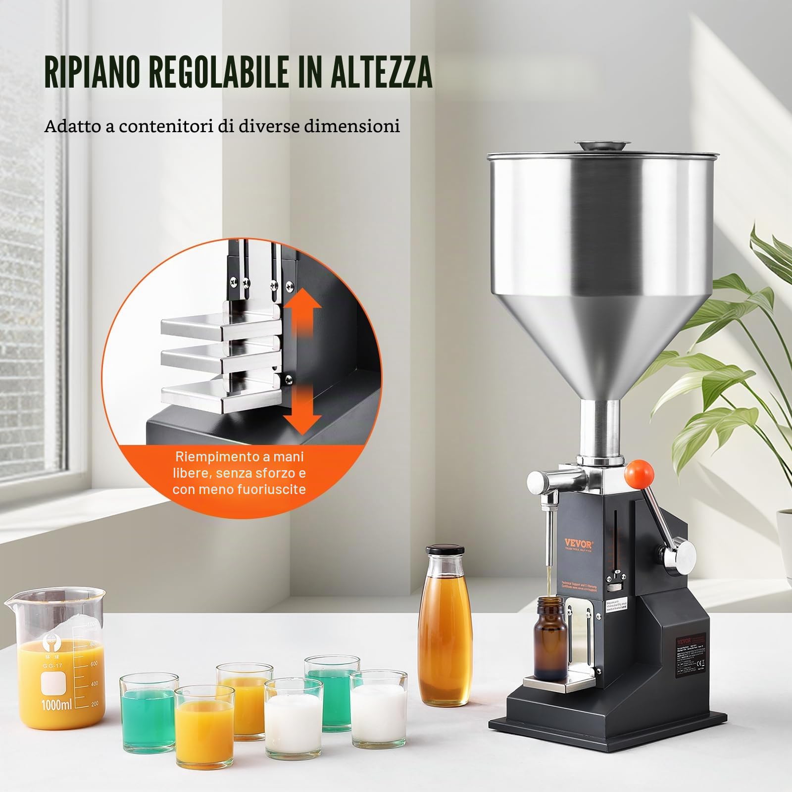 VEVOR Riempitrice Manuale Liquidi Riempitrice Manuale 5-50 ml, Riempitrice Regolabile in Acciaio Inossidabile con Tramoggia per Latte, Acqua, Succo, Olio Essenziale, Shampoo, Miele, Crema Cosmetica