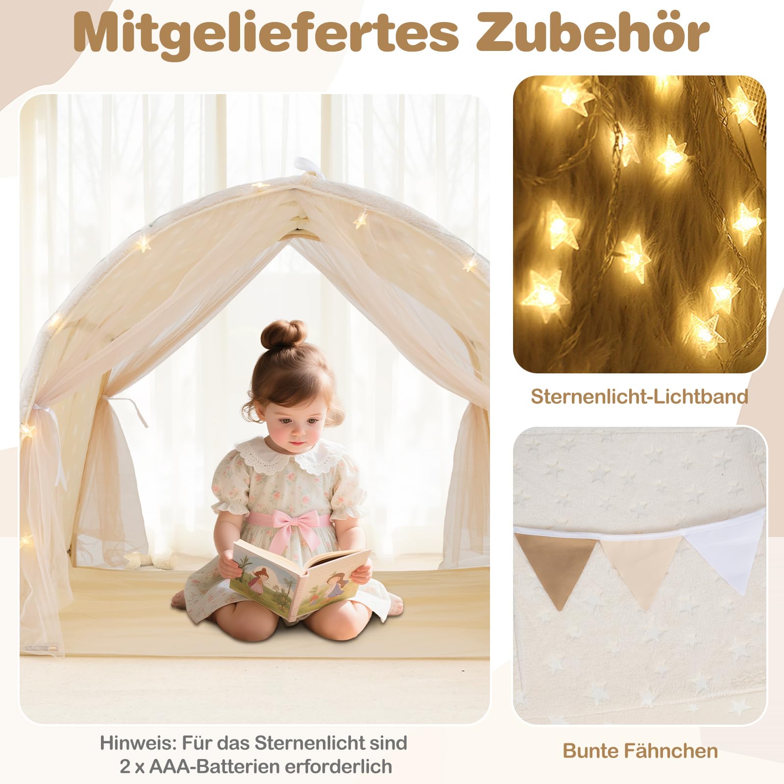 COSTWAY Kinderzelt, Spielzelt mit Leuchtsternen, Netzvorhängen, Lichterkette & Wimpeln, Kinder höhle, Spieltunnel Kinderzimmer, Spielhaus Indoor & Outdoor für Jungen & Mädchen