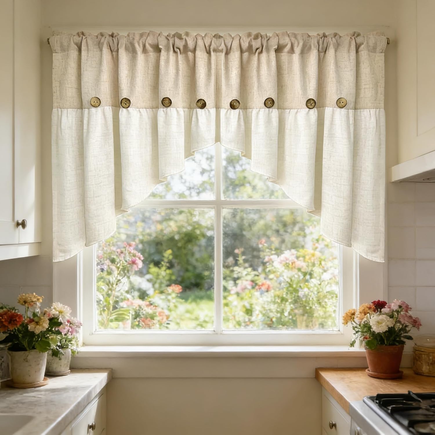 Gxi Beige Linen Curtain Swag for Living Room Button Kitchen Curtain Farmhouse Valance Privacy Rod Pocket Boho Window Tiers for Small Windows Bathroom Bedroom 1 Panel, W79 x L35 inch