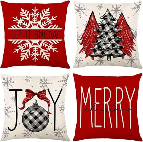 Vista 114 de ONFAON Juego de 4 fundas de almohada rojas con árboles de Navidad, 18 x 18 pulgadas, decoración de Navidad y vacaciones de invierno para sofá