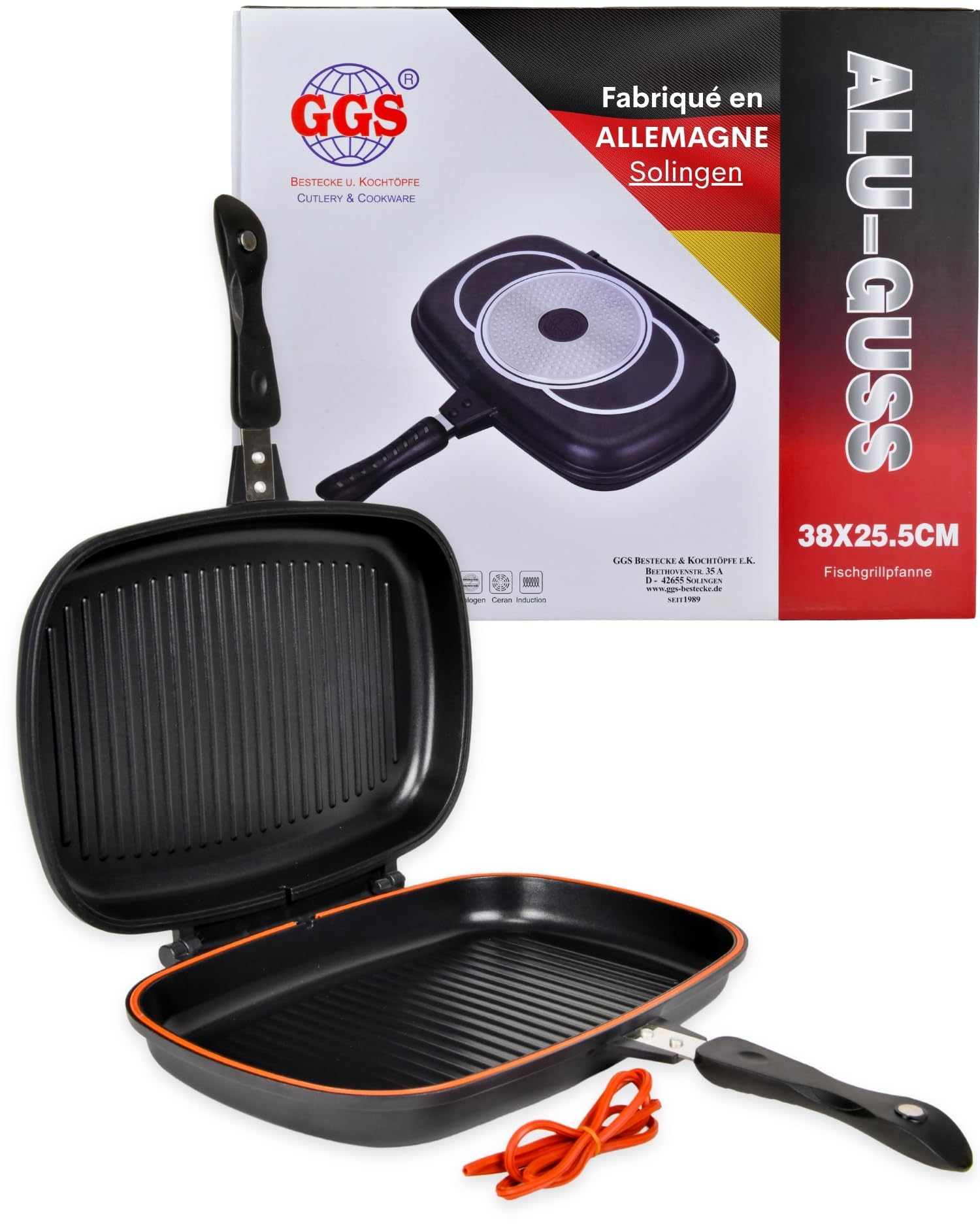 GGS Colection Poele Grill Et Poisson Double Face 38x25.5cm - Poele Grill Induction Et Tout À Feux, Poele Anti Adhesive en PTFE- Poele A Griller Avec Fermeture Magnétique & 2 Bandes D’étanchéité