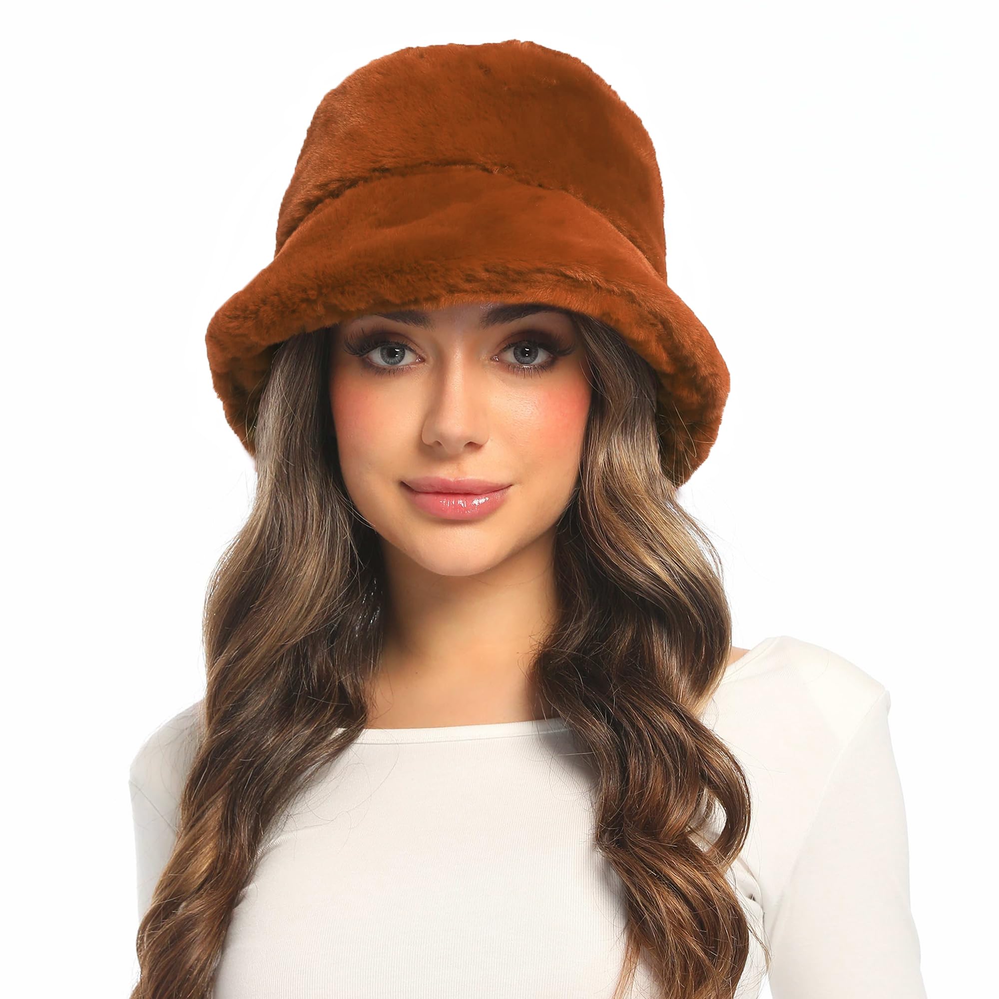 Umeepar Winter Faux Fur Fuzzy Bucket Hat Fluffy Warm Hat for Women Men