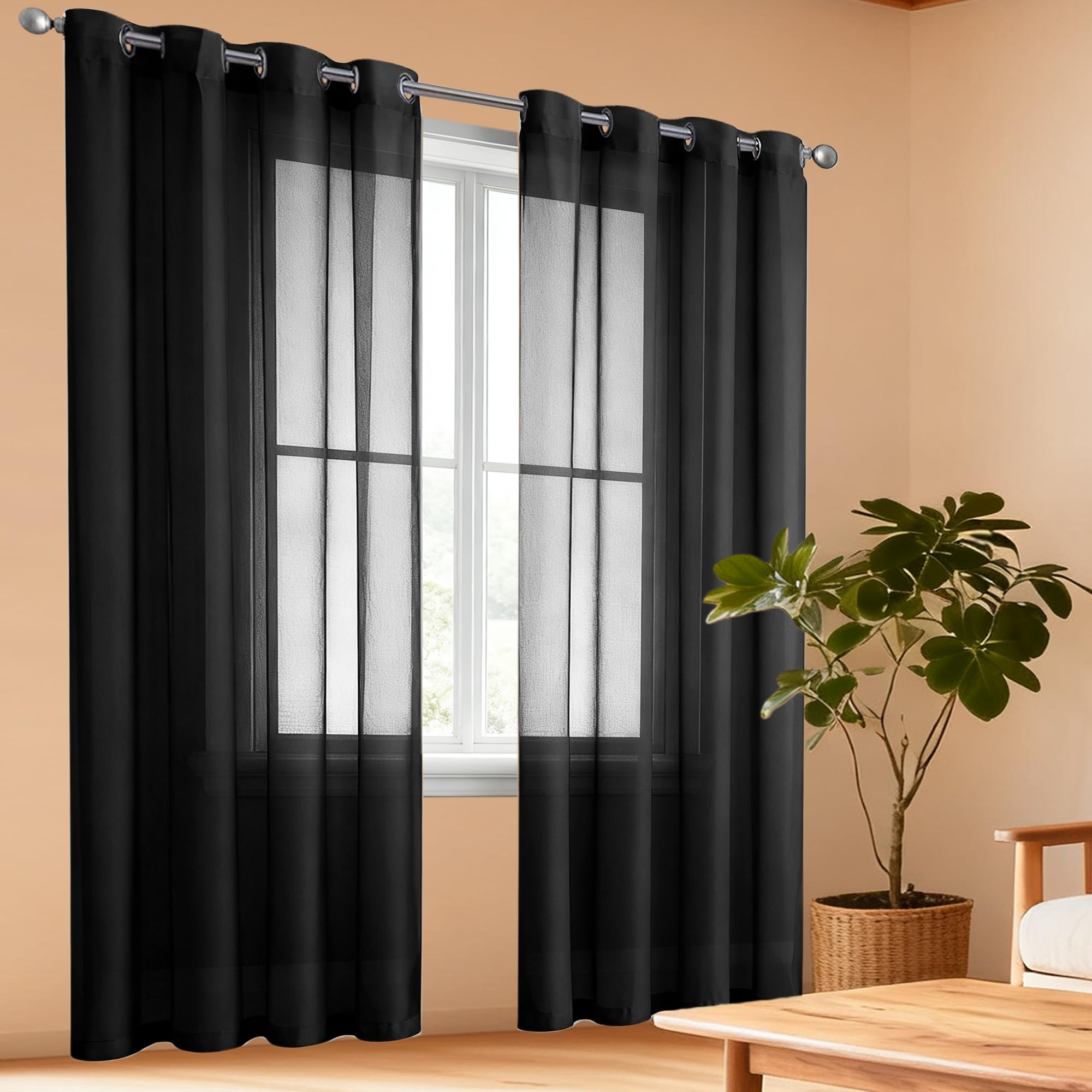 Rideau voilage fenêtre noir 160x270 cm à oeillets pour salon