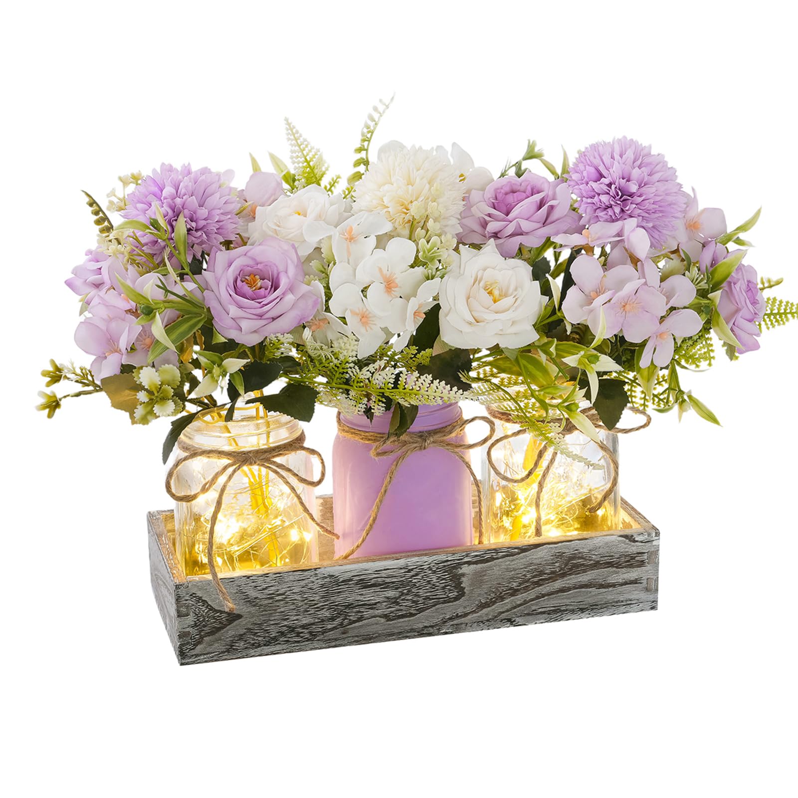 SUNNY BROOK 3PCS Artificial Spring Flowers in Mason Jars with Rustic Wood Tray, Fake Floral Centerpiece, Faux Silk Rose for Farmhouse Home Spring Décor Kitchen Coffee Table Arrangement, Purple & White