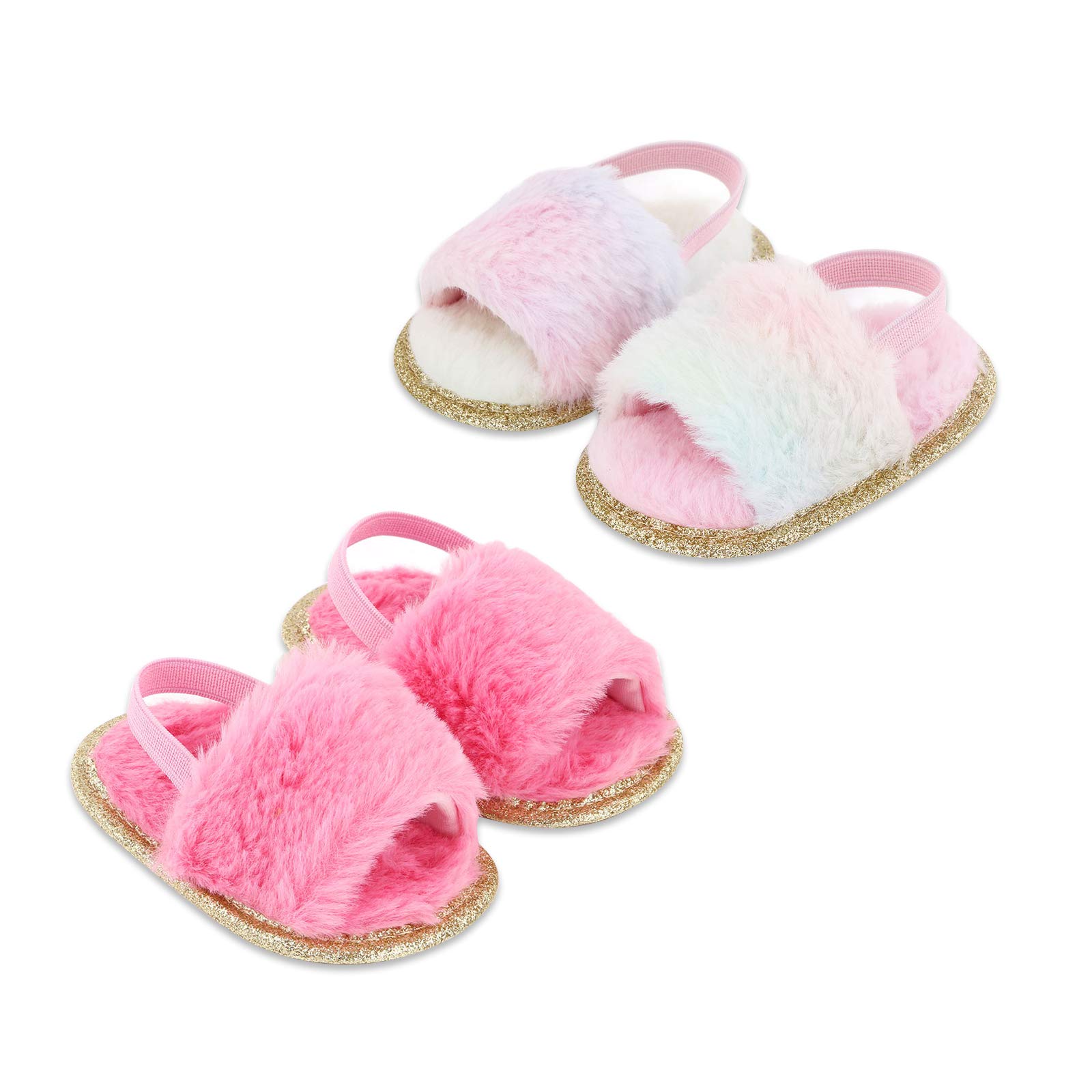Yinbwol2 Pack Infant Baby Girls Sandals Elastic Back Strap Flats Slippers Soft Toddles Princess Shoes Faux Fur Slides Shoes First Walker House Shoes