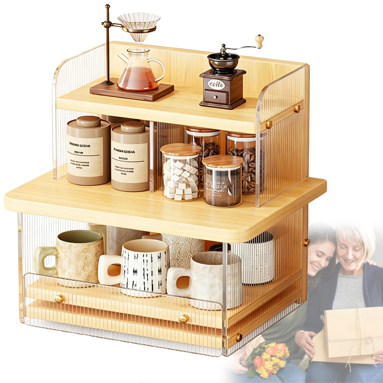 Weyot Acrylic Coffee Cup Display Shelf, Coffee Station Organizer, Home Storage Mugs for Kitchen Countertops, Coffee Bars, for Placing Mugs, Coffee Beans, Syrup, Cups Yellow,32x26x35cm
