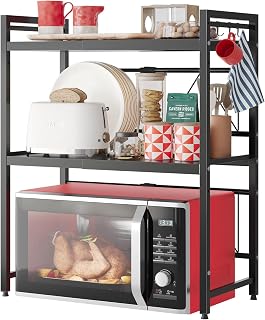 Estante para microondas de 3 Niveles,Estante de Microondas Extensible y Ajustable Altura ,Estante de Almacenamiento de Metal para Cocina con 6 Ganchos,para Cocina Encimera Utensilios de Cocina Horno