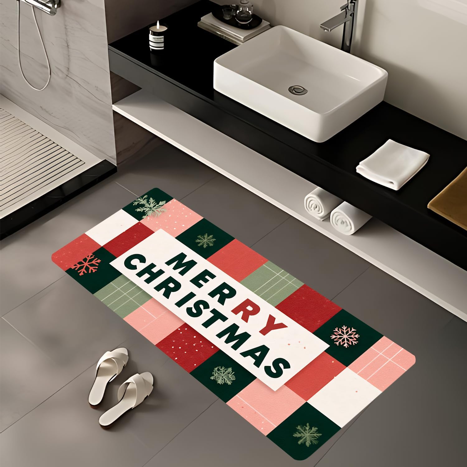 ANNA QUEEN Plaid Merry Christmas Laundry Room Rug 20x47 Inch – Non-Slip Runner Mat for Laundry Room, Entryway, Kitchen Decor
