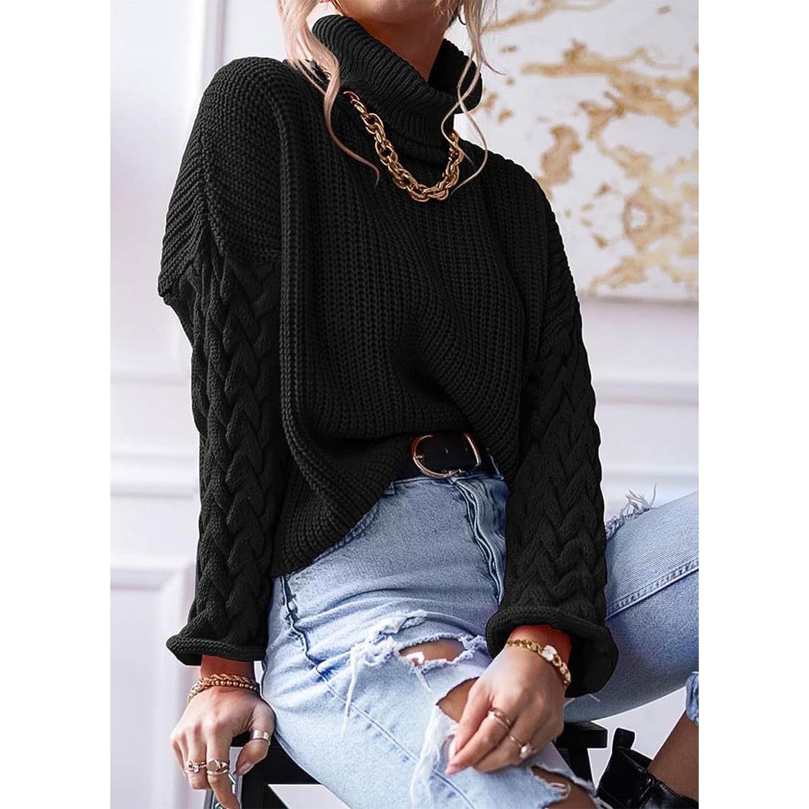 Greabuy Maglione lavorato a maglia a trecce a tinta unita da donna a maniche lunghe autunno inverno pullover felpa per donna maglione casual camicie da donna maglioni da donna felpe a maglia leggere,