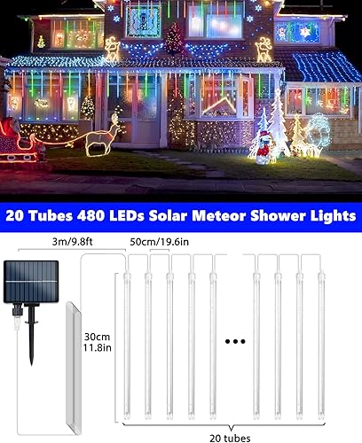 Miniatura 10 de 20 tubos azules de lluvia de meteoritos luces de carámbano 480 luces LED de gotas de lluvia con función de temporizador, luces en cascada luces de