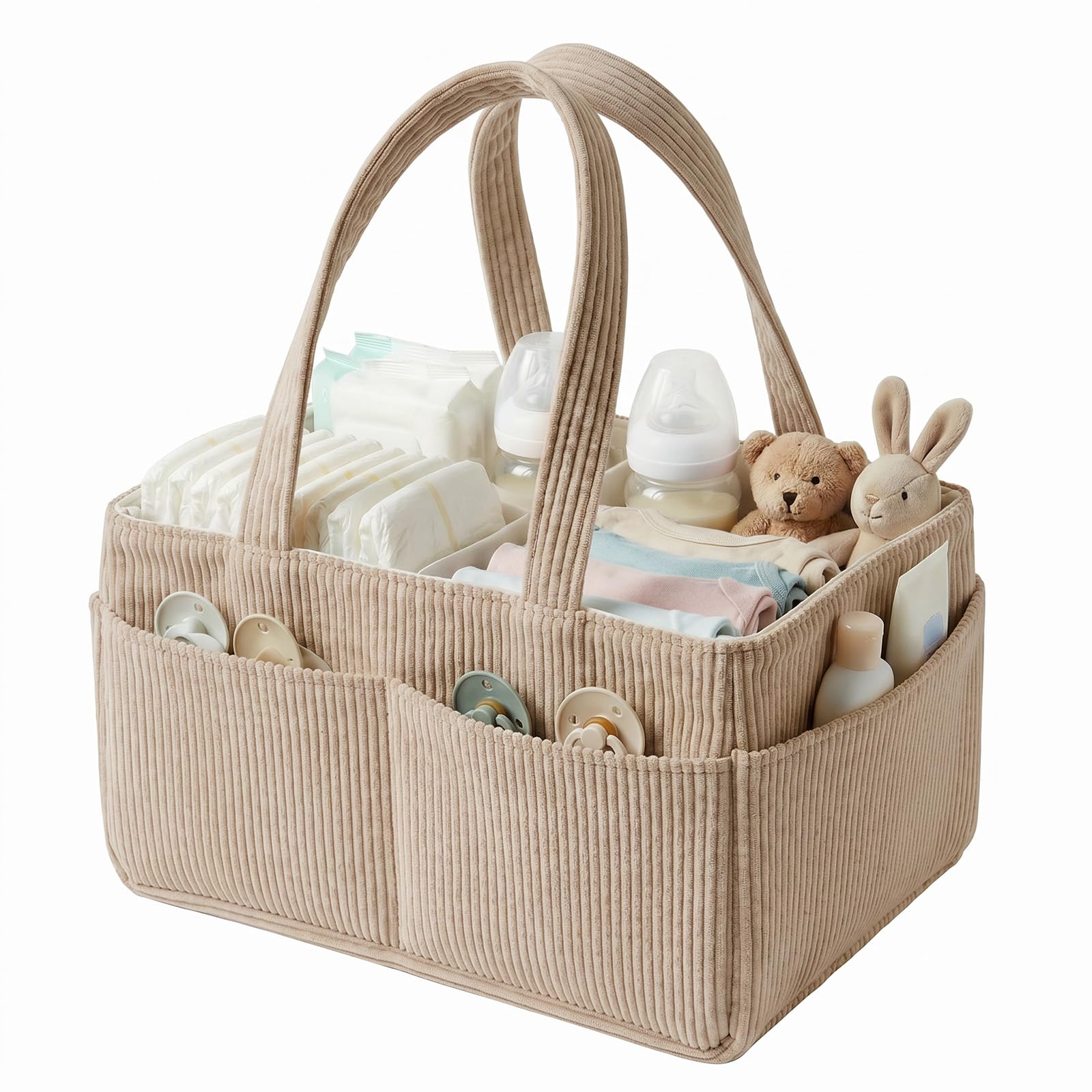 CBWERBB Baby Nappy Caddy Organiser,Portable Corduroy Nursery Diaper Storage Basket with Handle,Newborn Essentials Baby Shower Gifts,Nappy Caddy Storage Basket for Boys Girls (Khaki)