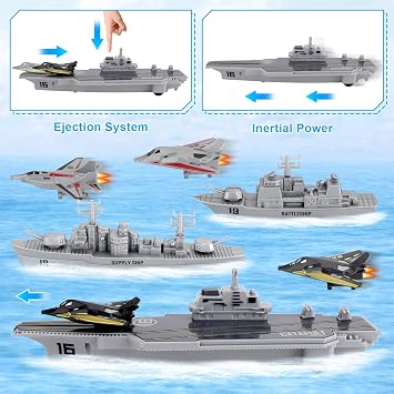 Model Military Naval Ship Aircraft Carrier Toy Play Set with Small Scale Model Planes, Battleship and Supply Ship Included