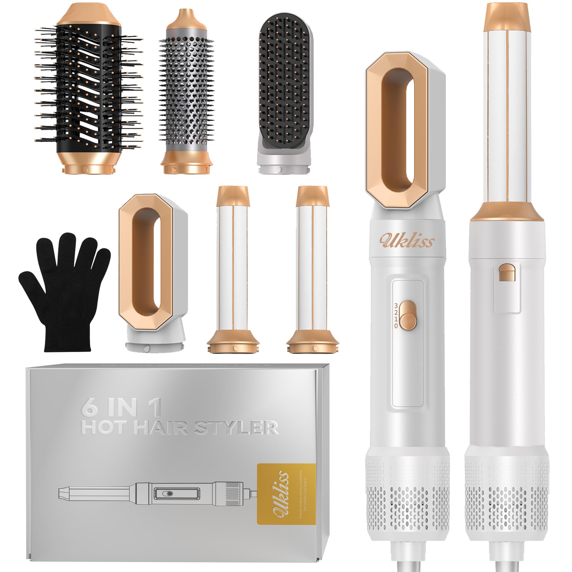 UKLISS 6 in 1 Hairstyler & Haartrockner Set mit Warmluft Lockenbürste, Rundbürstenföhn, Pro Weiß
