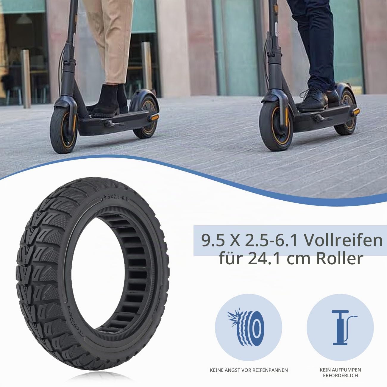 9,5 Zoll Vollreifen für NIU KQi 3, 9,5x2,5-6,1 Vollgummireifen Solide Reifen für NIU KQi3 Sport/Pro/Max Elektroroller Vorne oder Hinten Roller Ersatzreifen Wabenreifen (Schwarz-2 Stück)