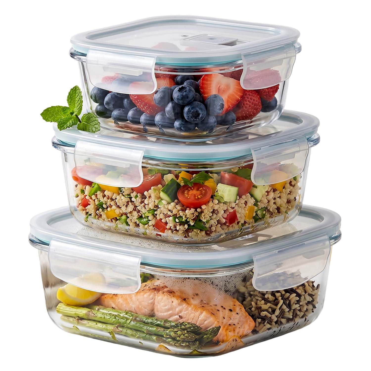 UNIQUE HOME LIVING Borosilicate Glass Food Containers, Airtight Snap Lid, Set of 3, Leakproof Meal Prep Boxes, Stackable Sizes 500ml 800ml 1200ml, Dishwasher & Microwave Safe, Food Storage, Square