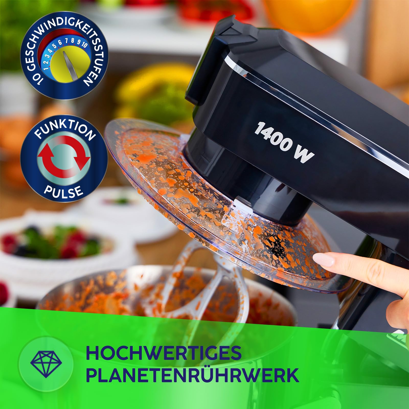 MPM Planetarische Küchenmaschine MRK-24 - Multifunktional Mixer Küche 4,5l - Küchengeräte Vielseitig Einsetzbar 1400W - Zwei Schüsseln - Drei Austauschbare Rührbesen