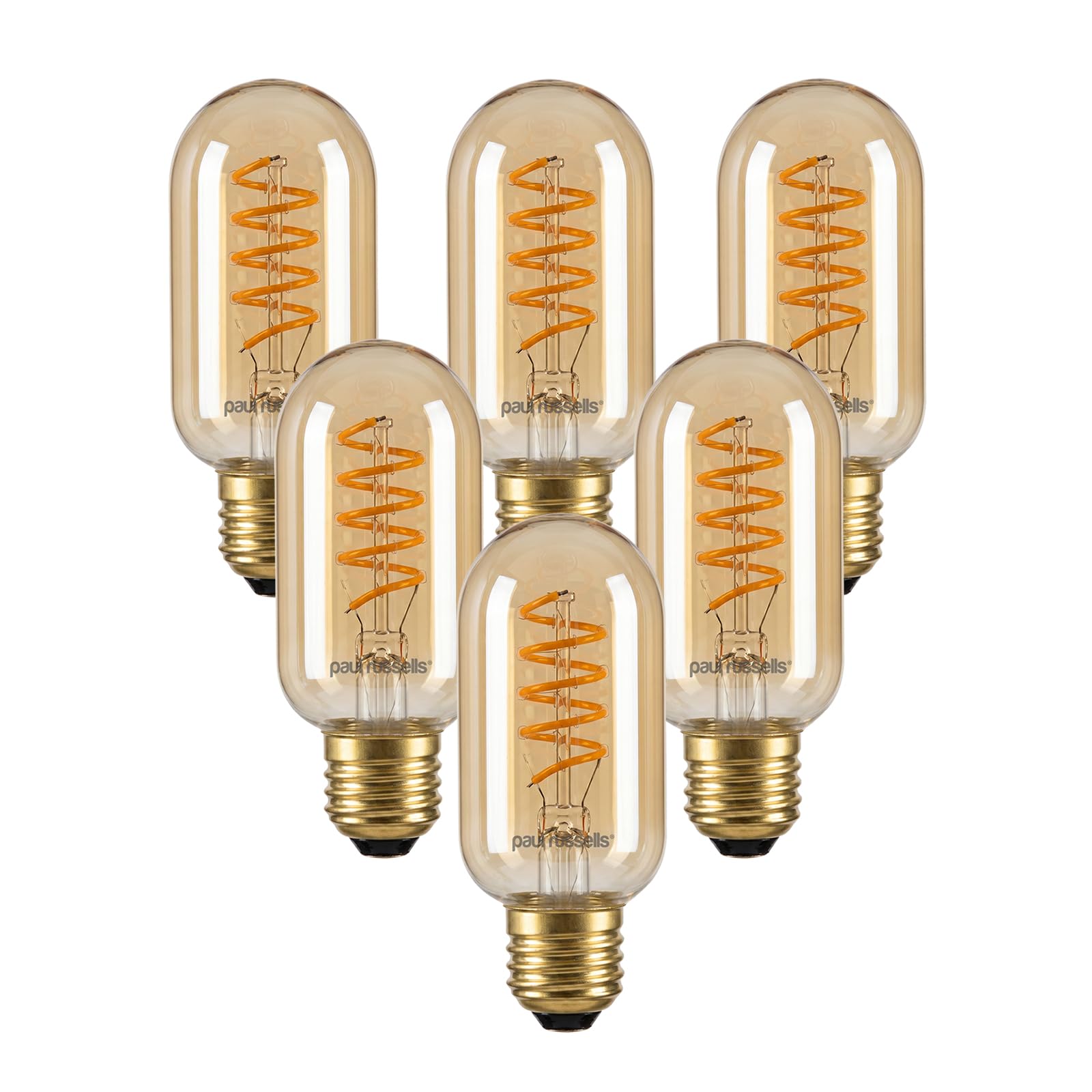 paul russells Dimmable Spiral LED Filament T45 Bulb, E27 Edison Screw 4W (25W Equivalent) - 250LM, 1800K Vintage Amber Light, Smooth Dimming, 330° Beam Angle, Decorative Cage Lightbulb – Pack of 6