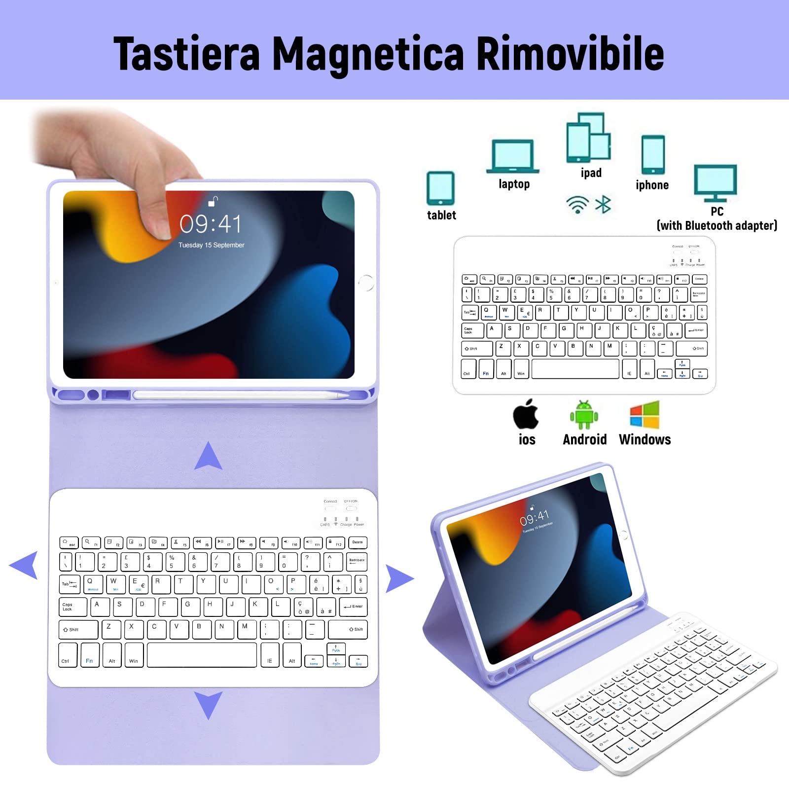Lielax Custodia con Tastiera per iPad 10.2 2021/2020/2019(9a, 8a e 7a Gen)/iPad Air 3 /iPad Pro 10,5, Italiano QWERTY Rimovibile Bluetooth Tastiera, Custodia con Supporto Pencil per ipad 10,2-Porpora