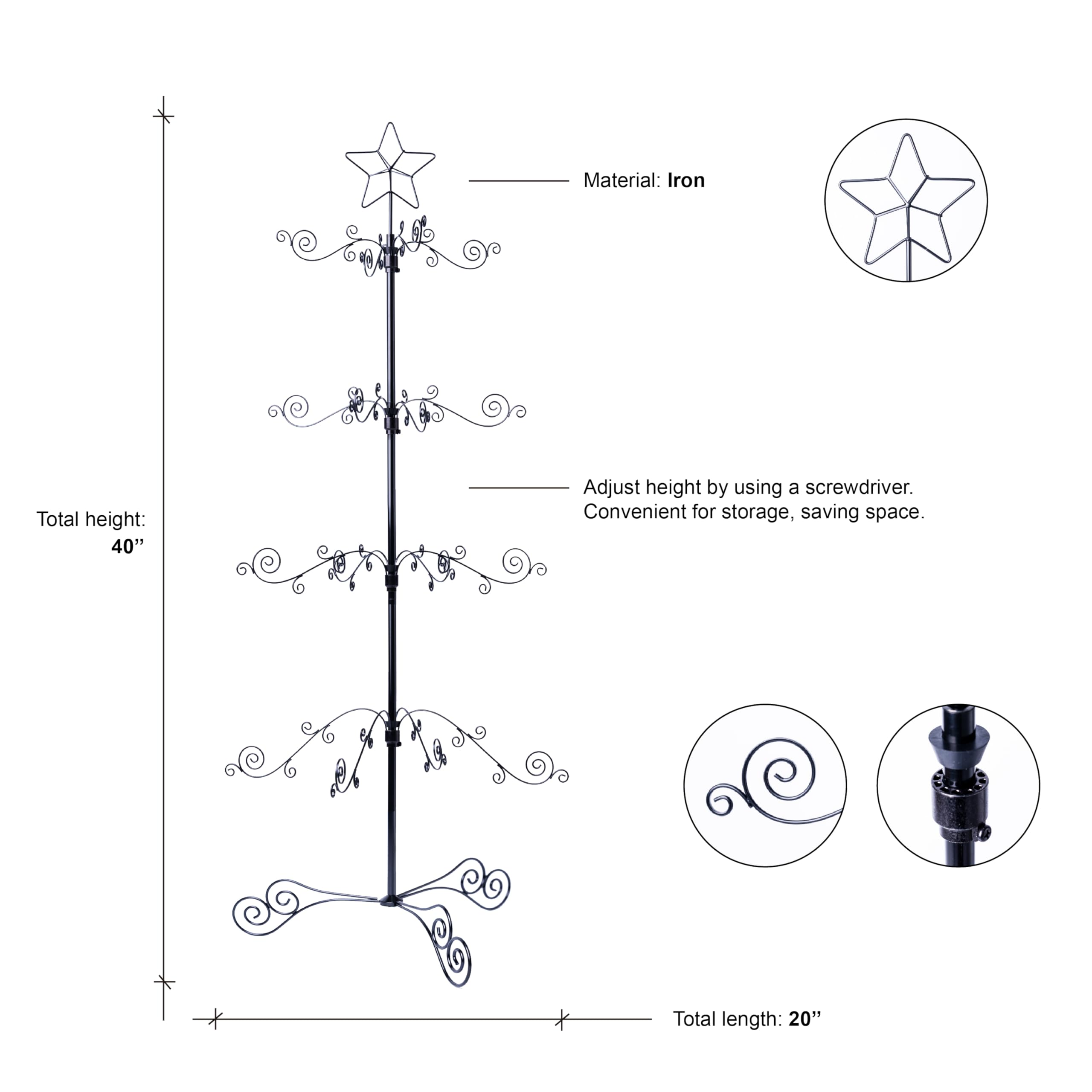 HOHIYA 3.3 Ft Wrought Iron Christmas Tree Ornament Display Stand Metal Holder Hanger Wire Hanging for Halloween Glass Balls Decorations Gift 56 Hooks Black Taiwan Made