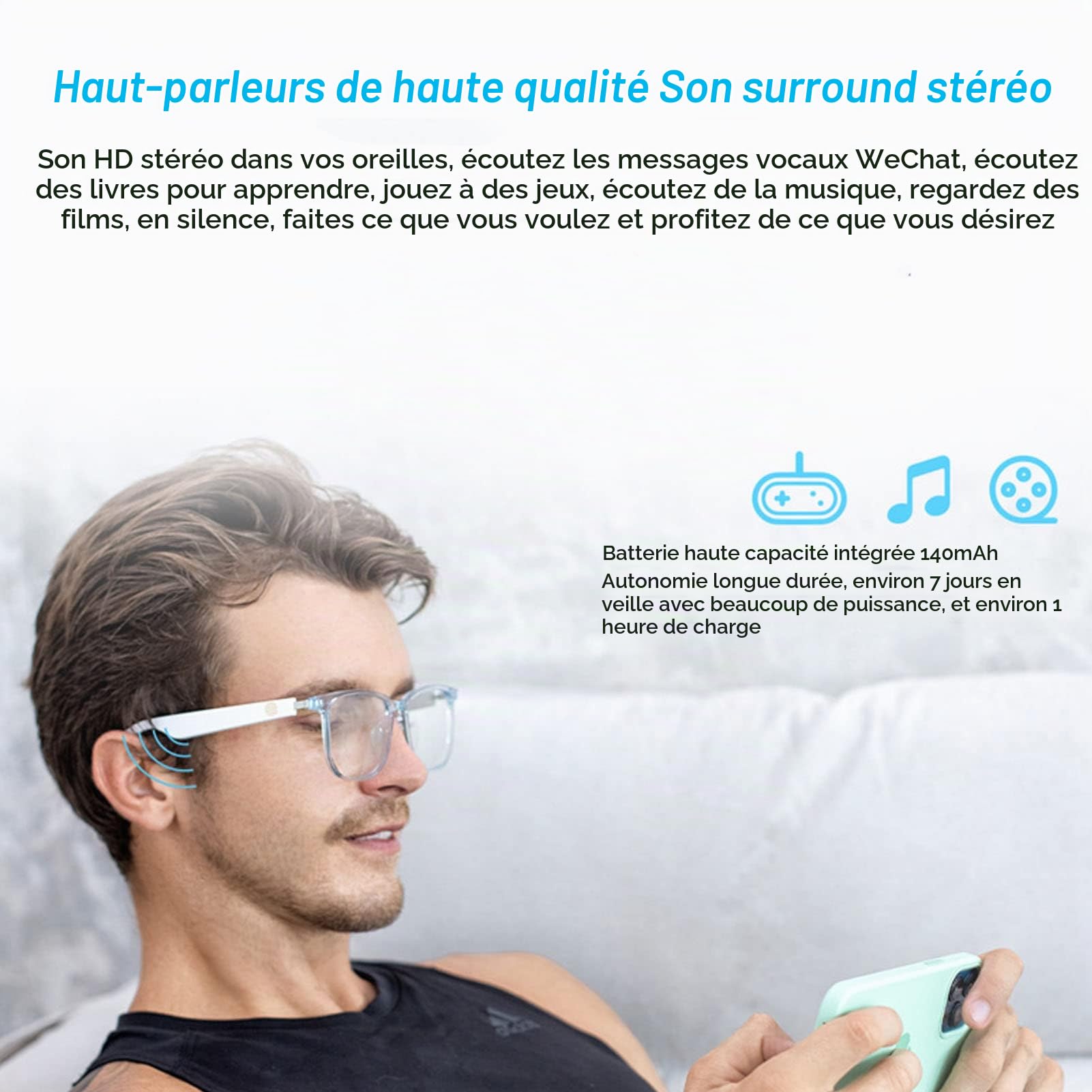 ASHATA Lunettes Bluetooth, Lunettes de étanches IP65, Lunettes de Musique sans Fil à Commande Tactile électronique avec écouteurs à Moitié Ouverts pour Les Jeux, Les Réunions, Les
