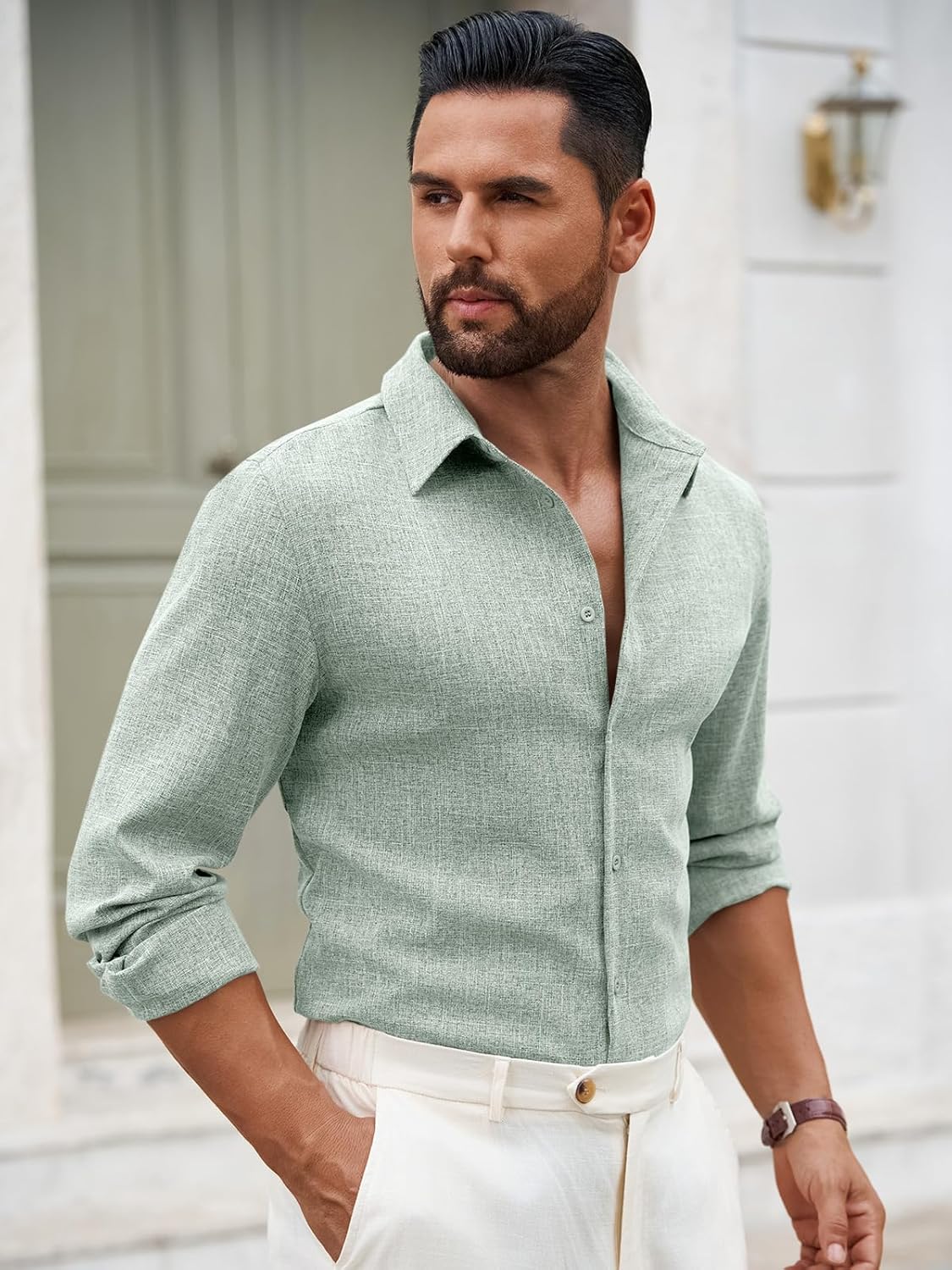 Yousify Mens Button Down Shirts Long Sleeve Casual Linen Dress Shirt Lightweight Beach Wedding Tops - Image 2