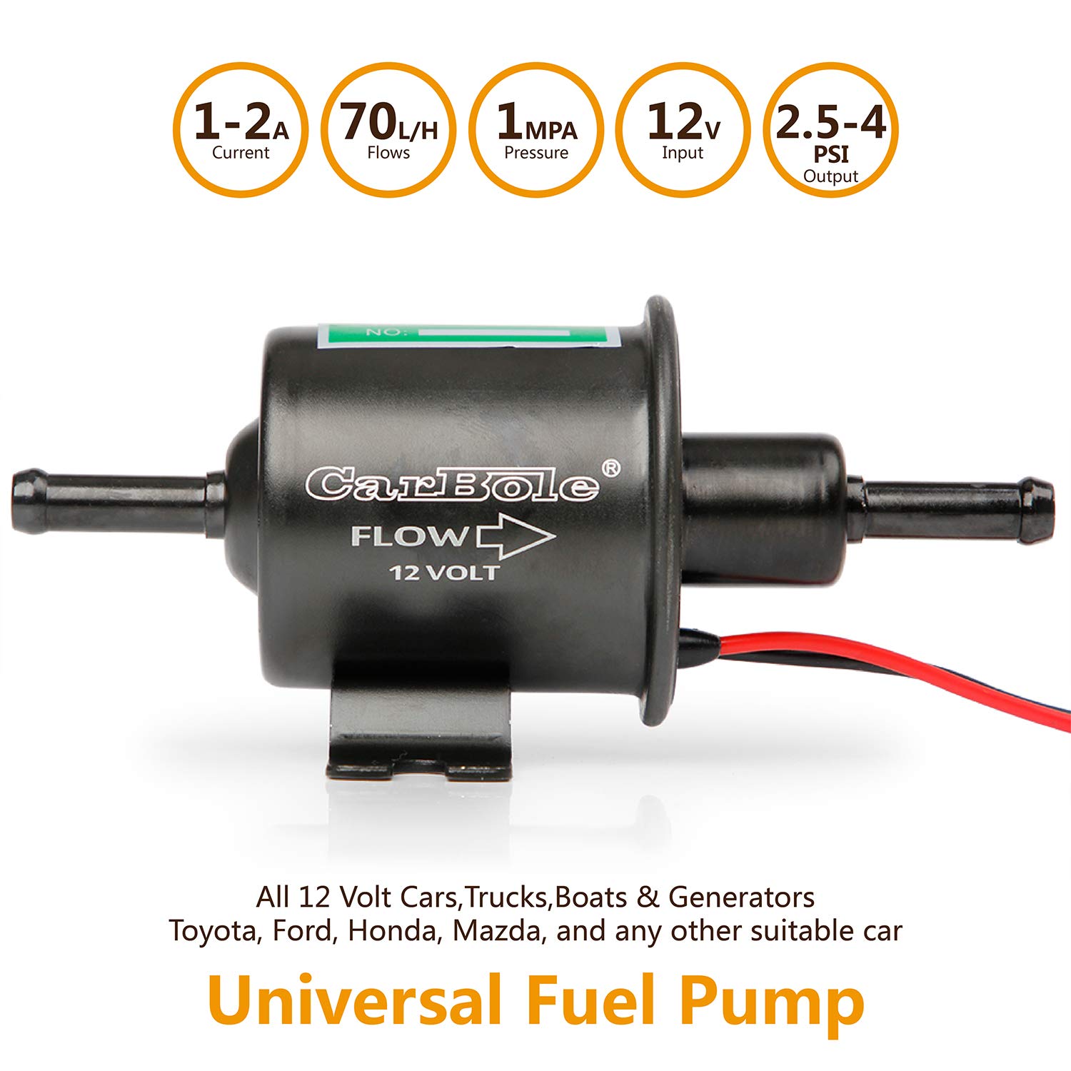 CarBole Pompa Carburante Elettrica 4-7 PSI,Pompa di Benzina Universale,HEP-02A,Adatta per Diesel e Benzina,Filo di Rame Puro,Dimensioni di Ingresso e Uscita di 8mm