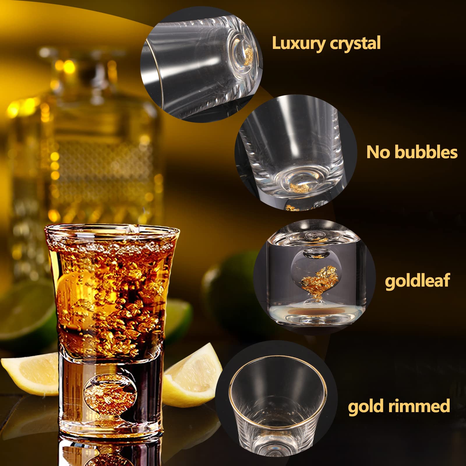 24 K Gold Rimmed Shot Glasses (6 pezzi) 1,5 Oz, realizzato a mano in cristallo Cup