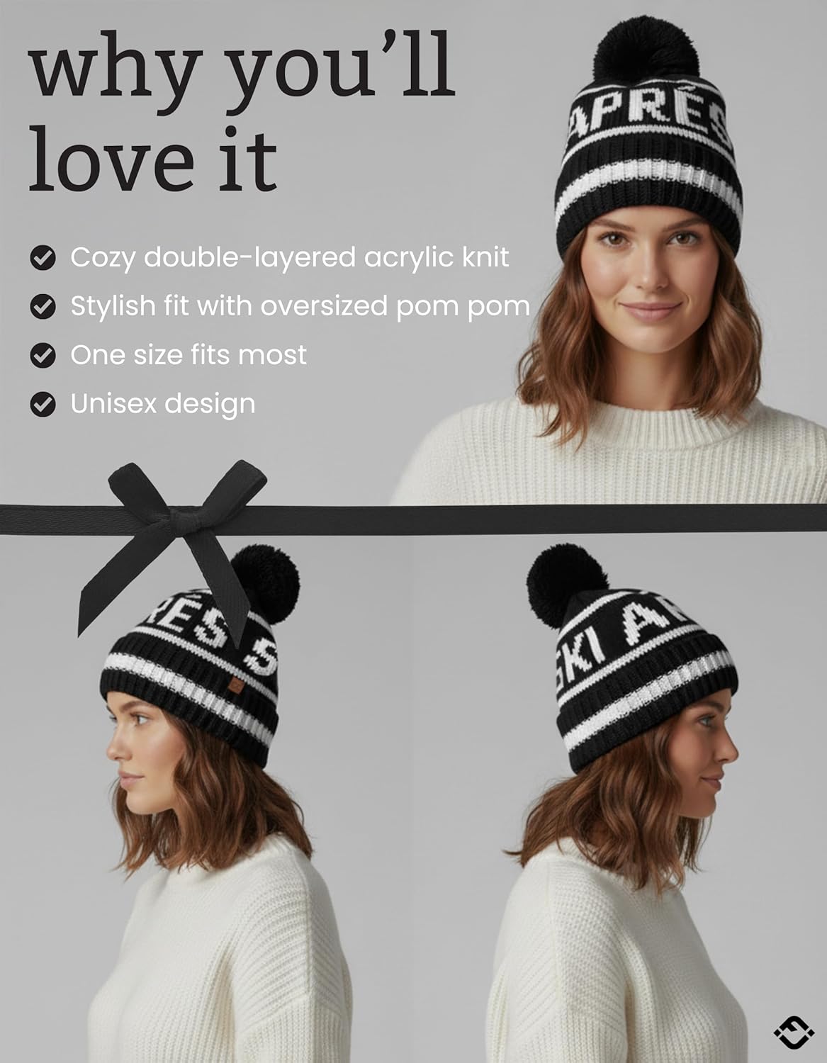 Funky Junque Après Ski Pom Pom Beanie for Women – Oversized Knit Winter Hat, Warm Cozy Womens Hats for Ski Trips & Snow Days - Image 3