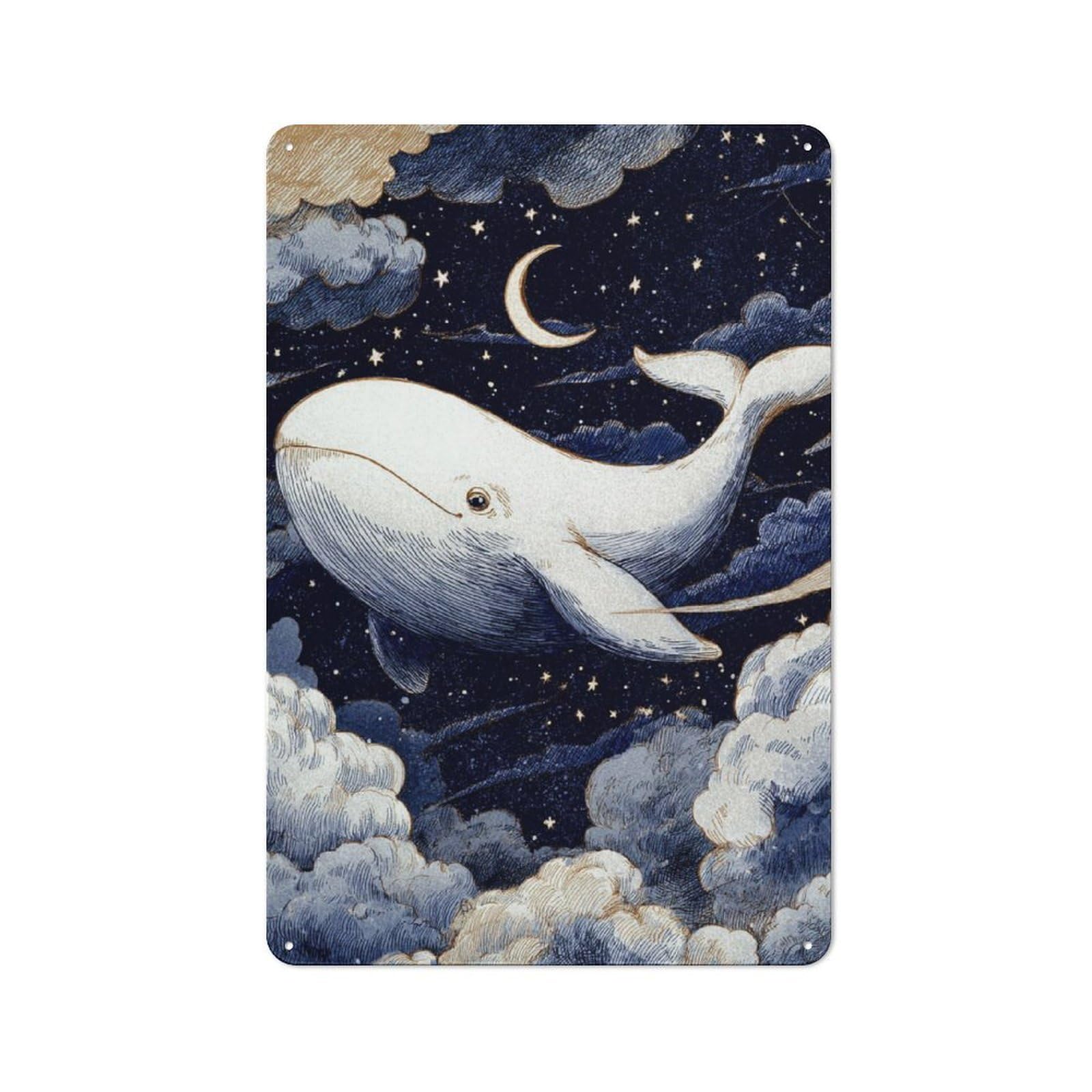 Decorative Metal Plaque with Whale in The Sky Design 30x20cm, Modern Retro Studio Wall Art for Workspace, Cafe, Hallway Or Garage
