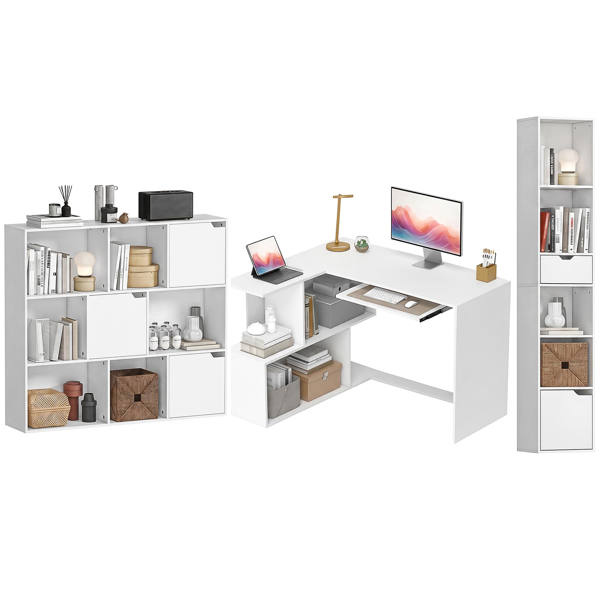 HOMCOM Bureau d'angle, Bibliothèques Basse Haute, Plateau Clavier, Blanc