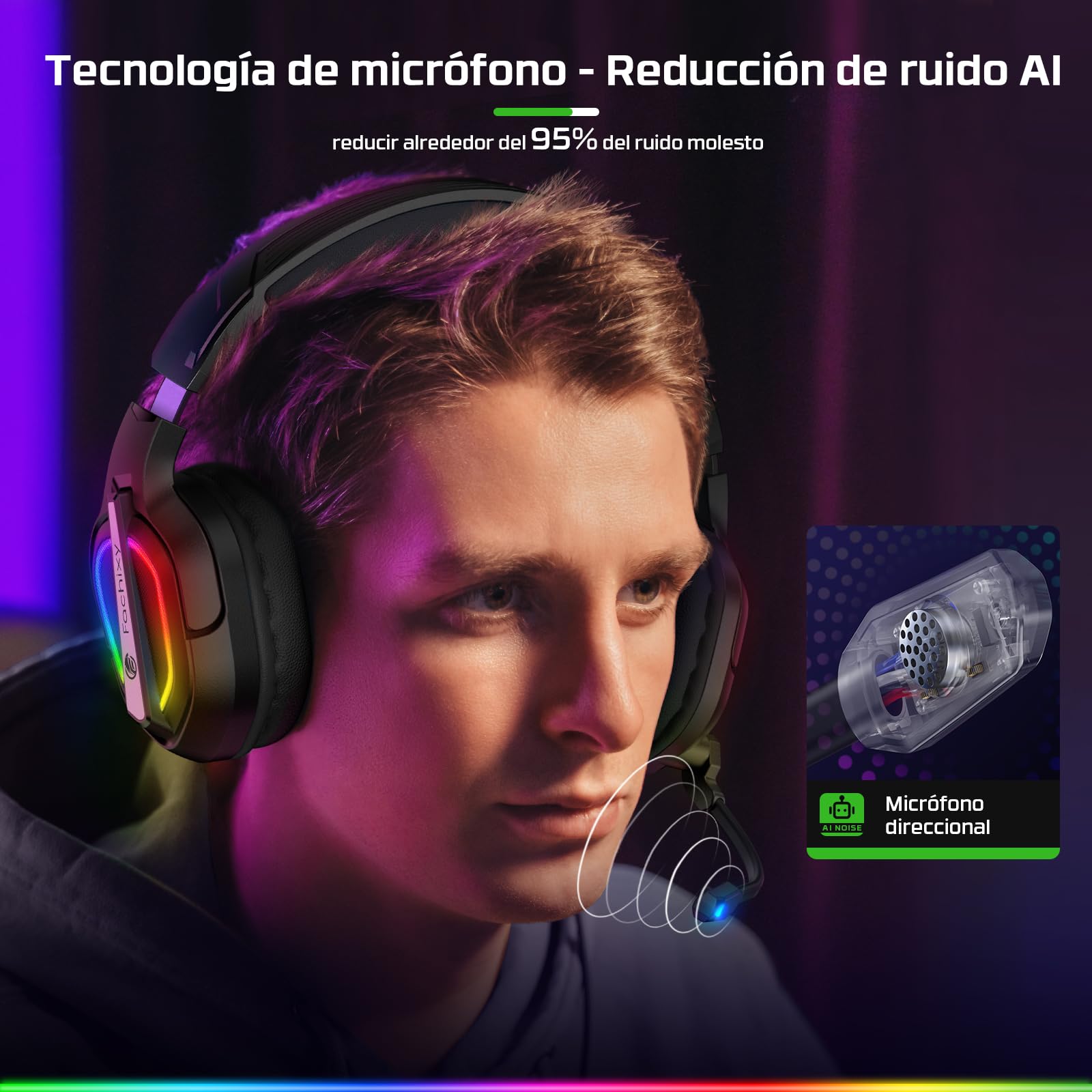 Fachixy FC200 Cascos Gaming para PS5, PS4, PC, Xbox One, Switch, Auriculares Gaming Cancelación de Ruido, Cascos con Microfono Estéreo Sonido, Cascos para PS5 con 3.5mm Jack con Luz RGB (PIEDRA Negra)