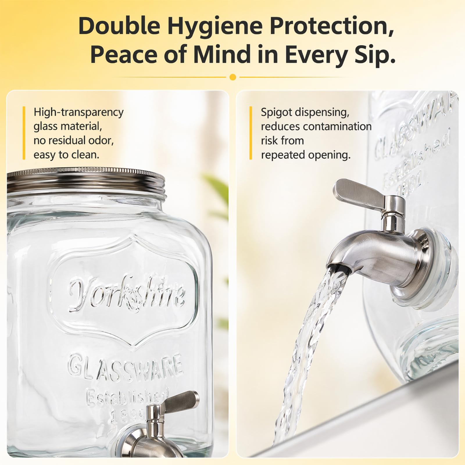 2 x 6L Glas-Getränkespender mit Ständer, Getränkespender, Glas-Wasser-Saft-Spender mit Zapfhahn aus massivem Edelstahl für geeiste Säfte, Wasser, hausgemachte Getränke, Partys, Hochzeiten